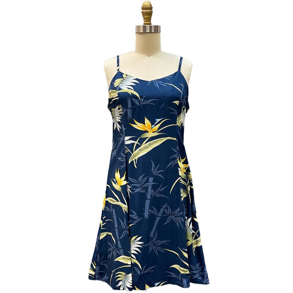 Paradise Found Dress Navy Blue Hawaiian Floral Print Bamboo Women Medium Vintage